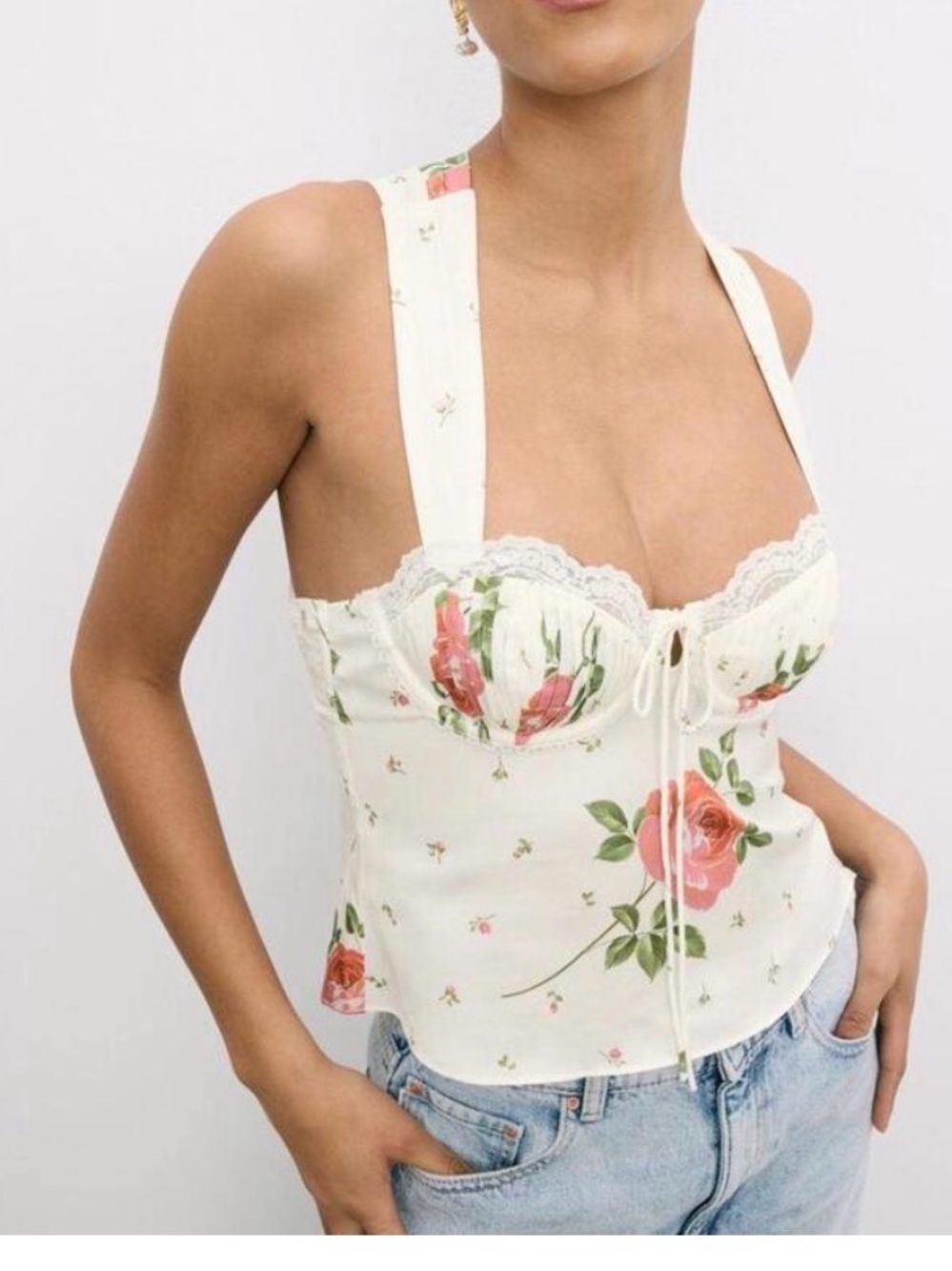 For Love & Lemons Cream Floral Lace-Trim Bustier Cami